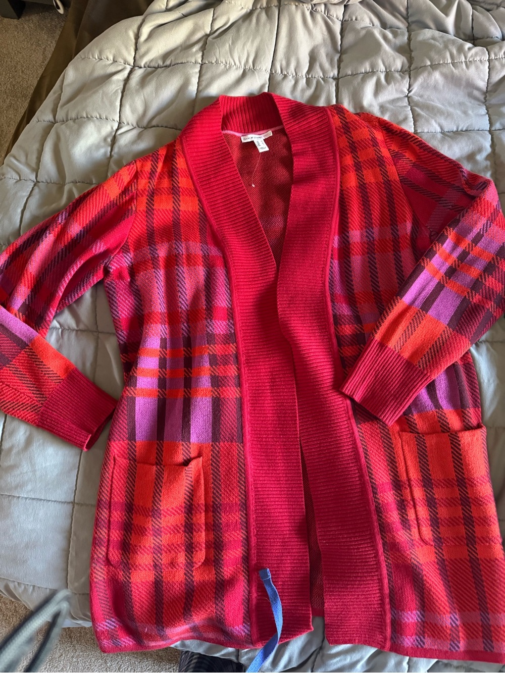 Isaac Mizrahi Red and Pink Plaid Open-Front Cardigan